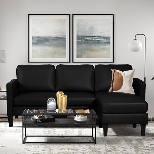 Miniatura 8 de Sofá modular convertible de cuero en forma de L con diván reversible, moderno sofá modular de 3 plazas para sala de estar, espacios pequeños (negro