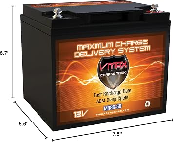 VMAX MR86-50 12V 50AH AGM Deep Cycle Battery (7.8Lx6.6Wx6.7H) compatible with MotorGuide R3-45 Hand Control Transom Mount - 09MT- 45lbs Trolling Motor