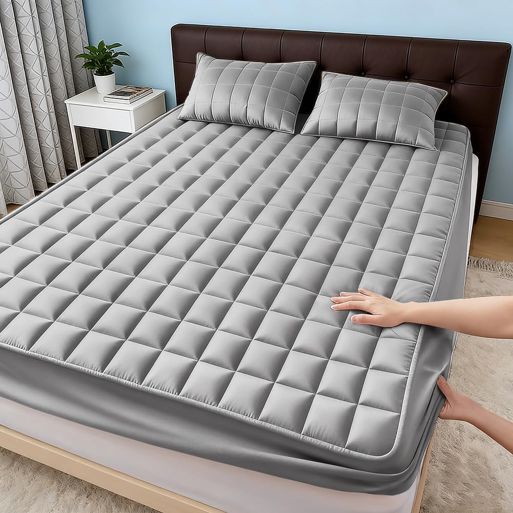 Waterproof Quilted Mattress Protector Black Breathable Fitted Sheet Style Deep Pocket up to 15 Inches Gray Twin