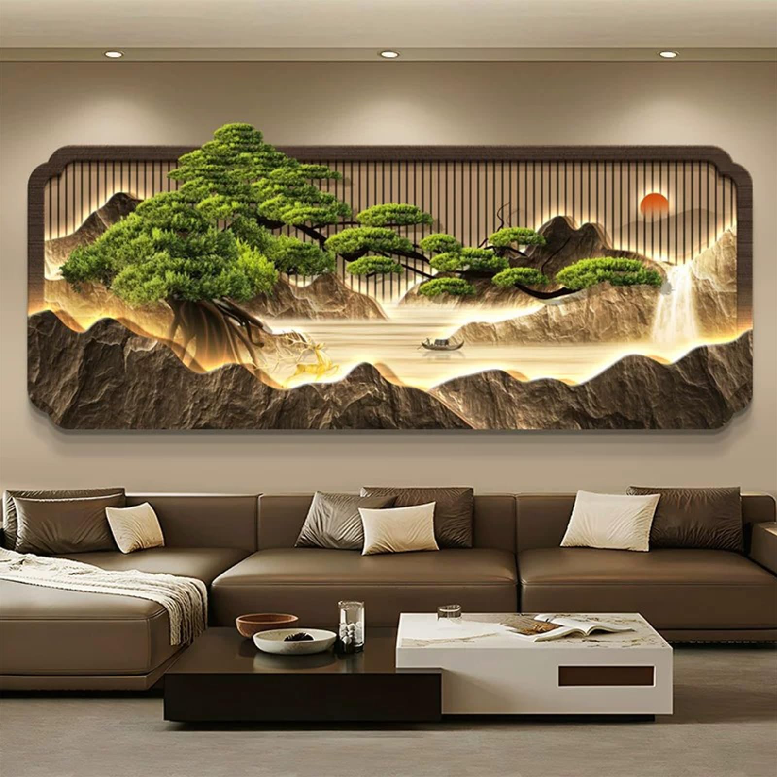 SYXHJTFZ 3D LED Wandkunst Kiefernmuster Kristallporzellan, Beleuchtetes Bild Neuer Chinesischer Luxus Rahmenlos mit Fernbedienung für Wohnzimmer Sofa und Büro(180 * 77.1cm/70.9 * 30.4in)