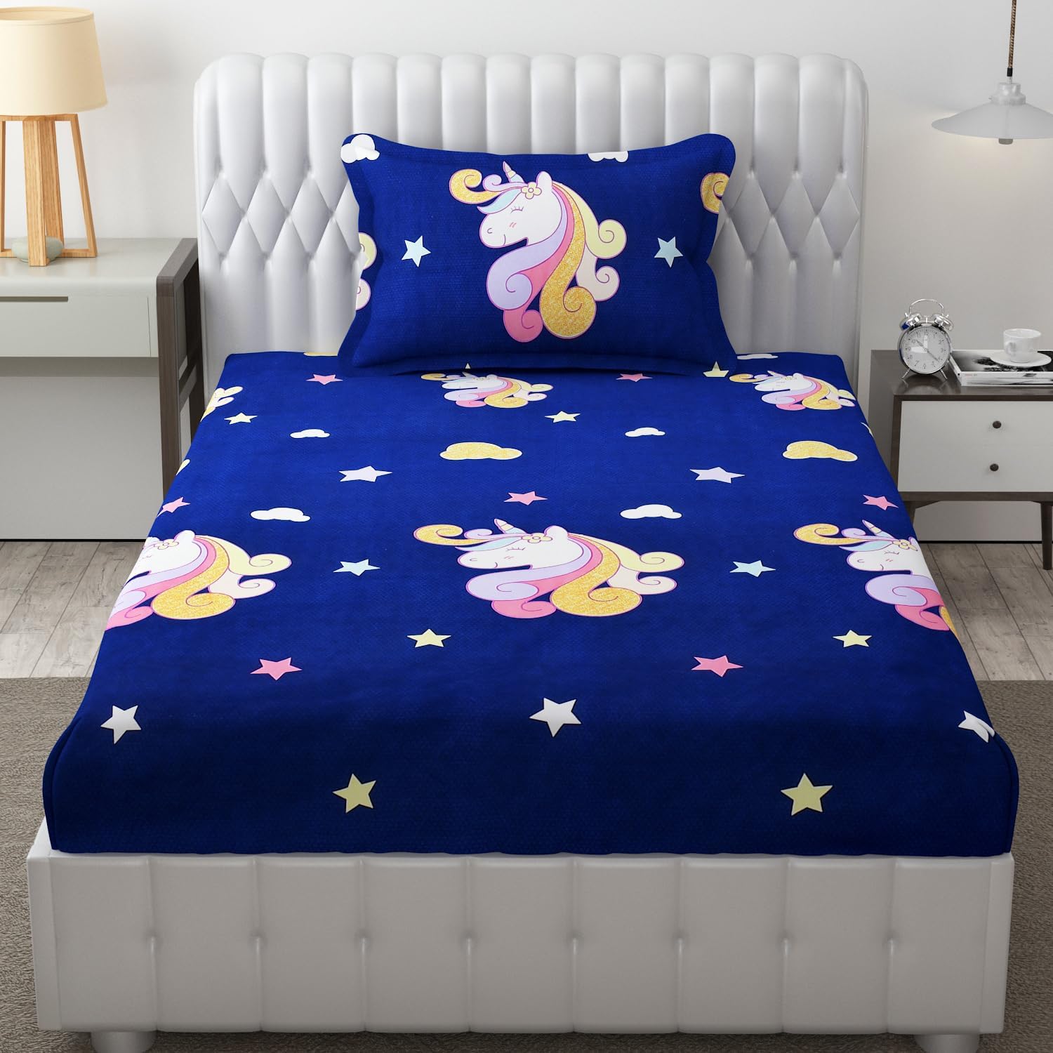 Blue Unicorn Single bedsheet for Girls Kid bedsheet for Small Size Bed 240 TC Microfiber Soft Cartoon bedcover for Kids Room (90x60 Inches)(Blue and White)
