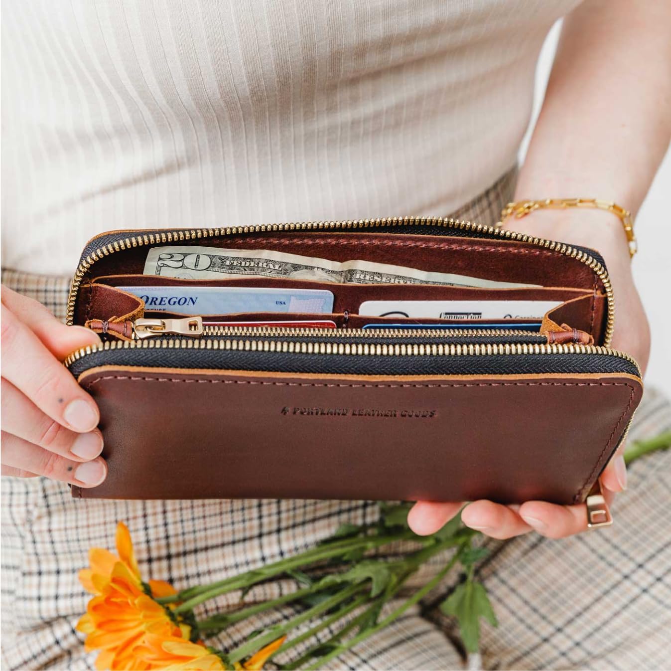 Portland Leather Goods Women's Accordion Zip Wallet – Handcrafted in Durable, Full-Grain Leather – 8 Card Slots & Secure Zippered Pocket – Cognac - Image 4