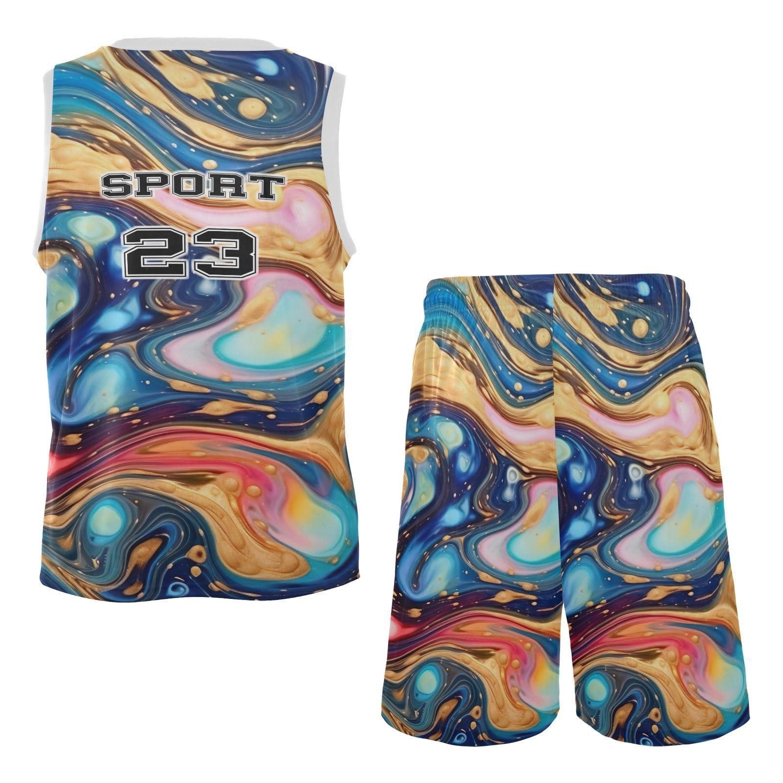 FLildon Marble Colorful Rainbow Boys Basketball Jersey Set Tank Top Shorts Tracksuit Sport Training Suit for Kids, S