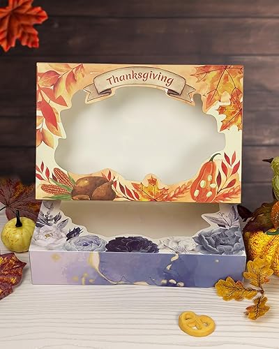 Miniatura 7 de qiqee Cajas de galletas de Acción de Gracias con ventana, 24 paquetes de 12 x 8 x 2.5 pulgadas, caja de pastelería con flores azules para Acción de
