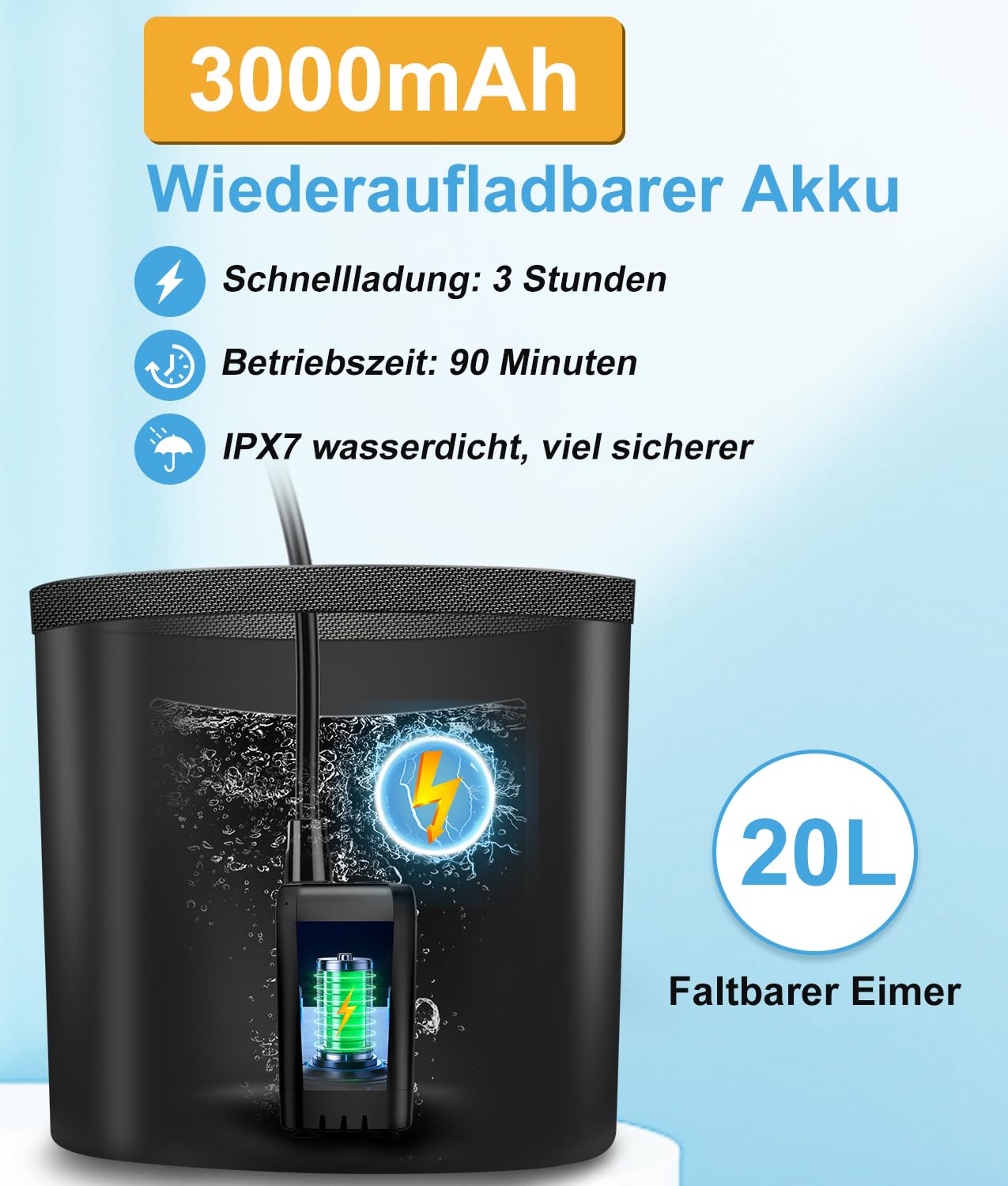 WADEO Tragbare Campingdusche Akku mit Pumpe und Wasserbehälter 20L, Outdoor-Camping-Duschset mit Akku 6000 mAh wiederaufladbar, für Camping Reisen Garten Wandern Autowaschen Tierbaden Notfälle