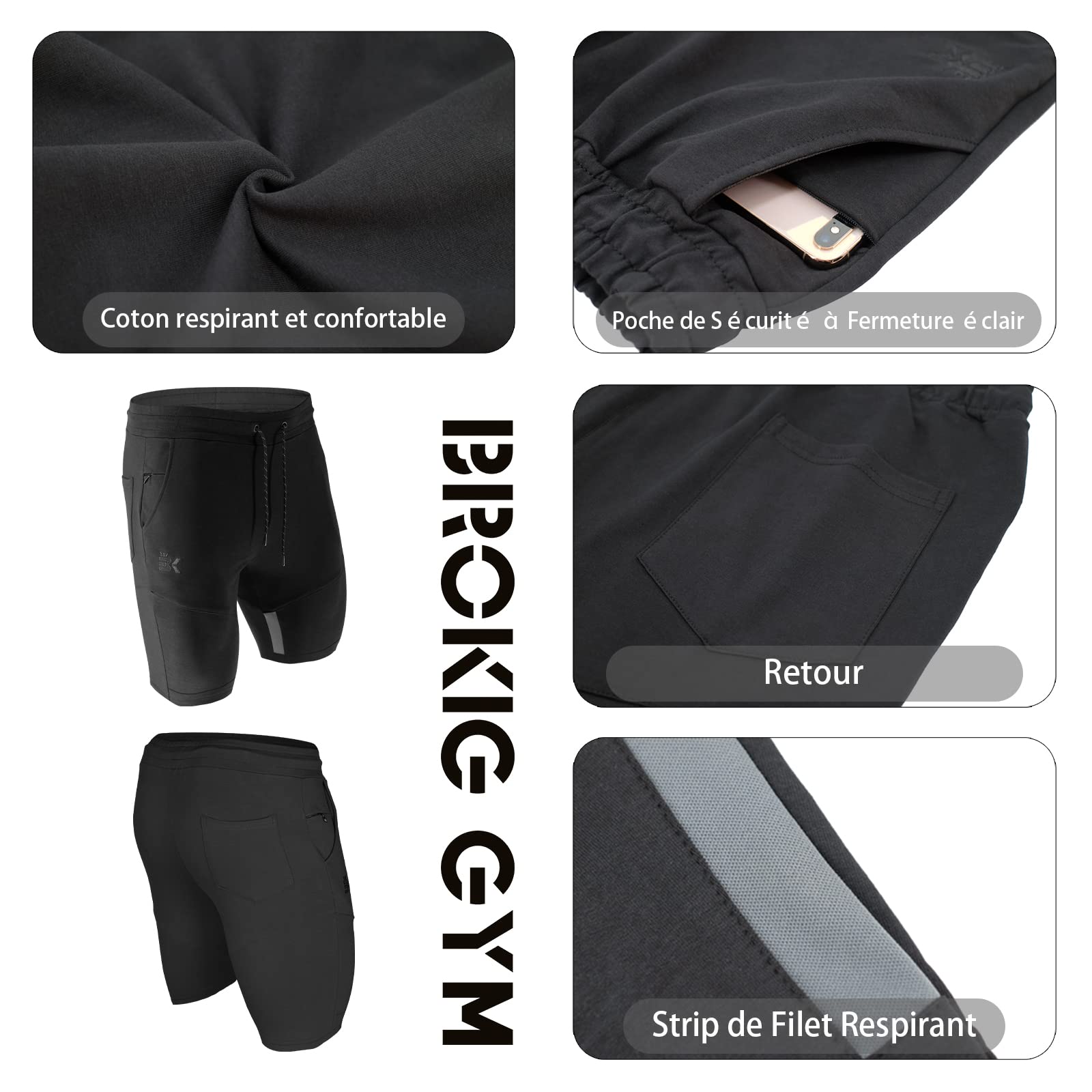 BROKIG Pantaloncini sportivi da uomo in cotone slim con tasche con zip