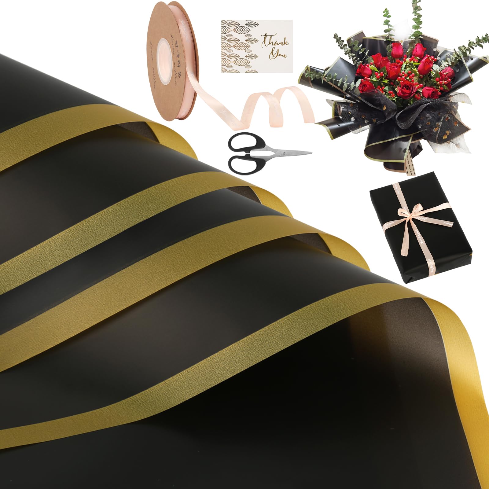 Lot De 20 Feuilles De Papier Cadeau à Motif De Fleurs Avec Ruban, Bord Doré, Imperméable, Fournitures D'emballage Cadeau Pour Bouquet De Fleuriste, Papier D'emballage Givré Avec Bordure Dorée, 57 X 57