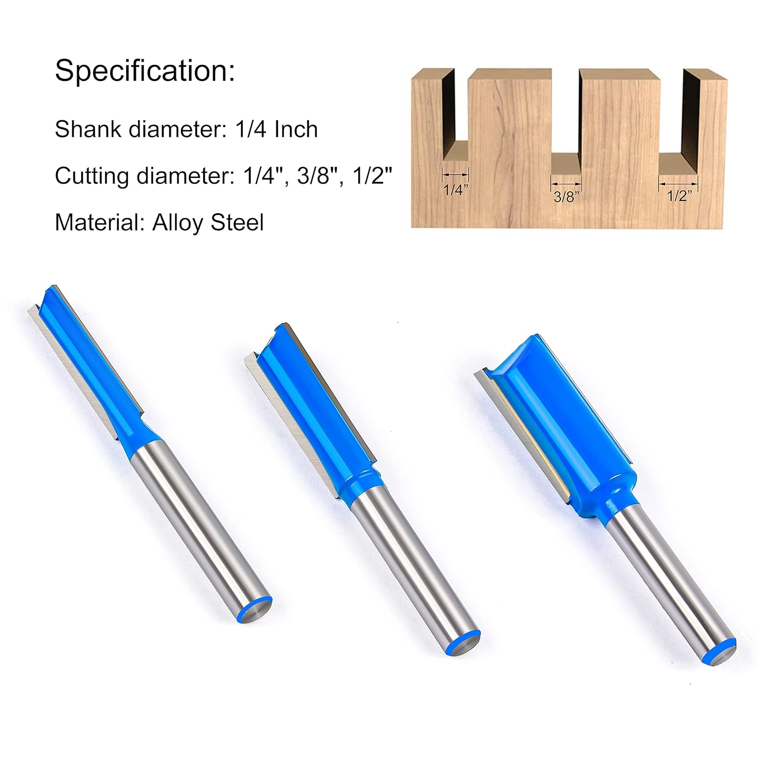Straight Dado Cut Router Bit 1/4 Shank, 3PCS Double Flute Plywood Straight Cut Router Bit Set for Create Groove, Dado with Diameter 1/4", 3/8", 1/2"