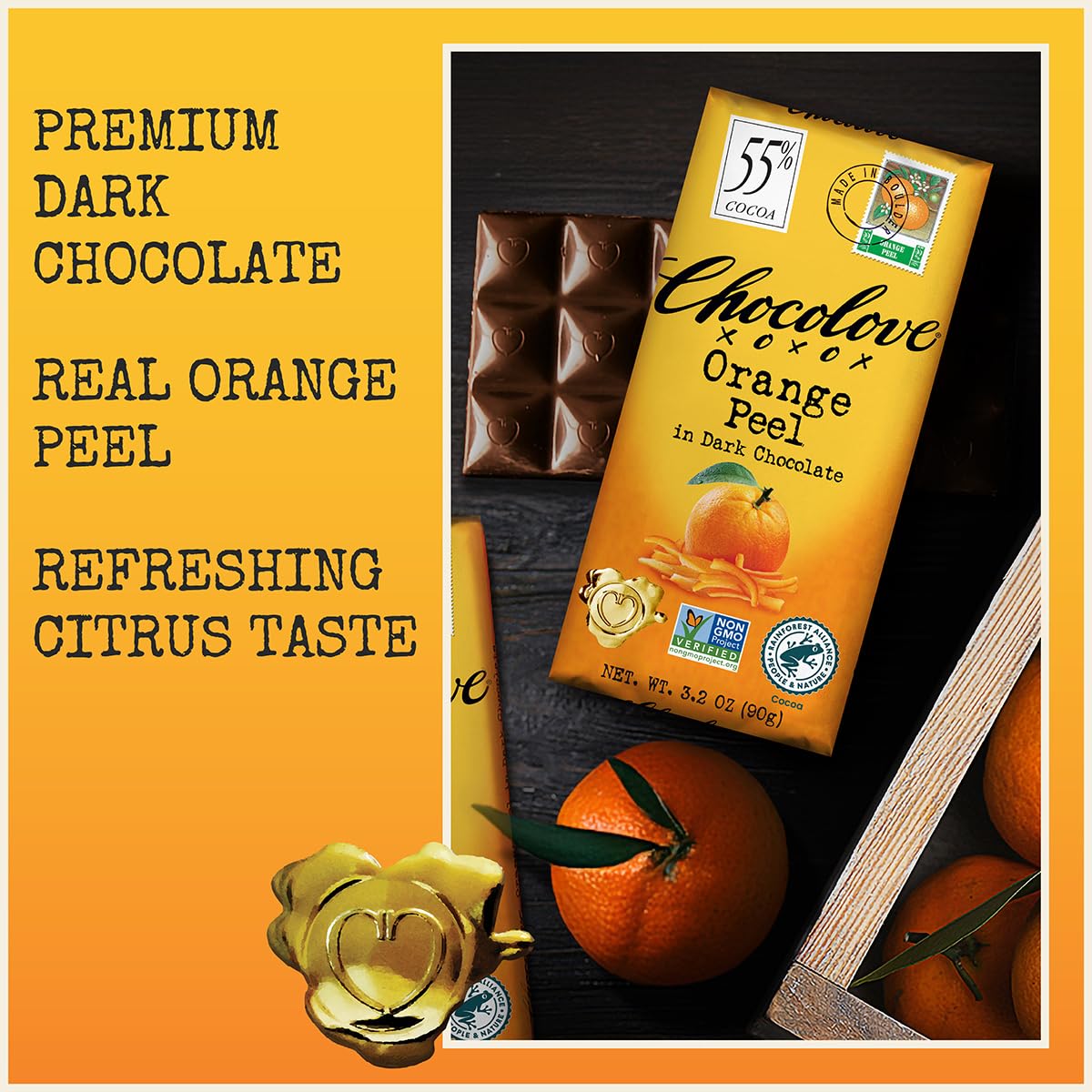 Chocolove Orange Peel Dark Chocolate Bars | 55% Cocoa | Tangy Orange Peel Bits | Smooth & Sweet | Premium Dark Chocolate |Non GMO, Rainforest Alliance Certified, 3.2oz Bar (12 Pack)