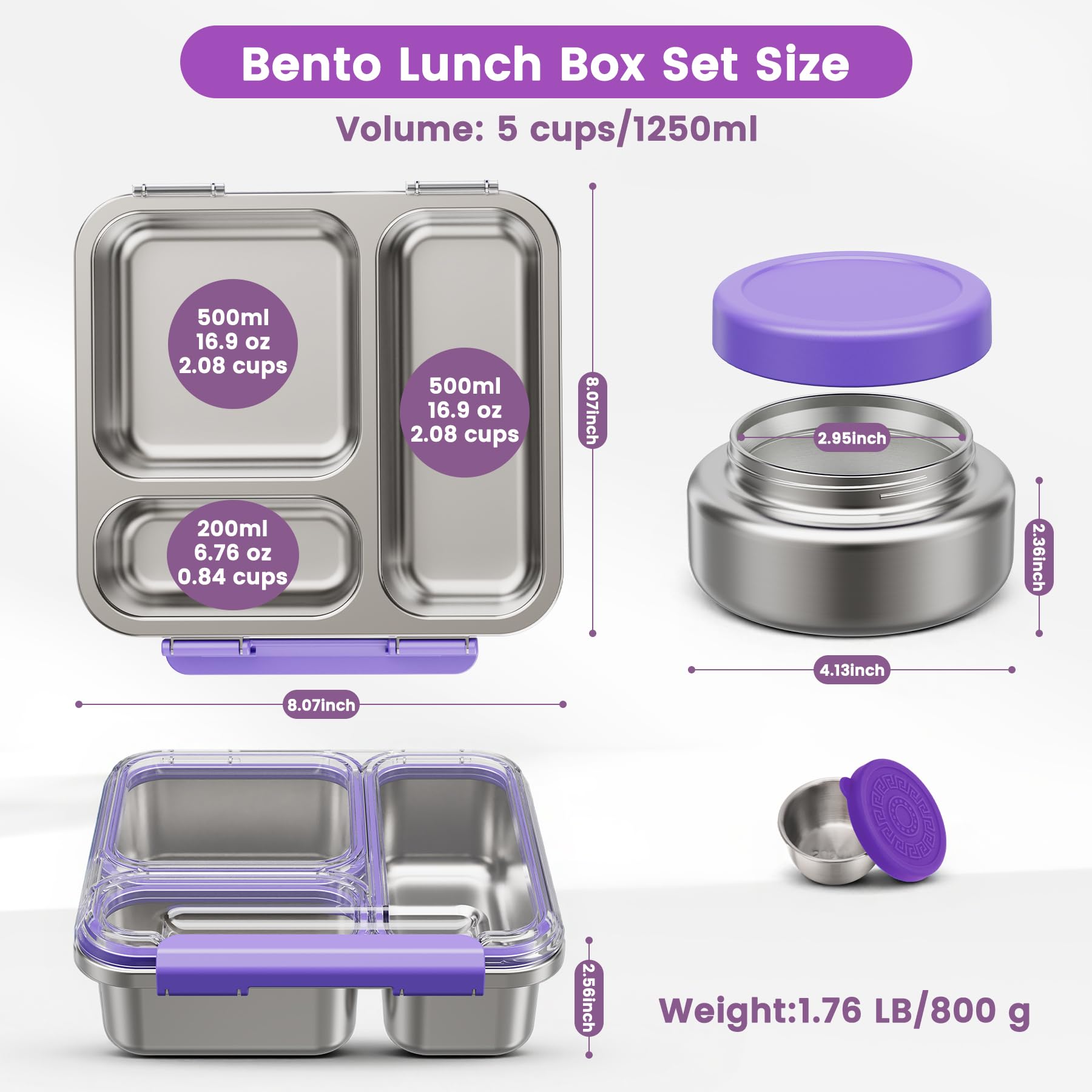 Fiambrera de Acero Inoxidable Adulto Niño con 200ml Termo para Comida, Bento Box para Niños con 3 Compartimentos y Recipiente para Salsas, Lunch Box para Oficina, Colegio y Picnic, sin BPA, Morado
