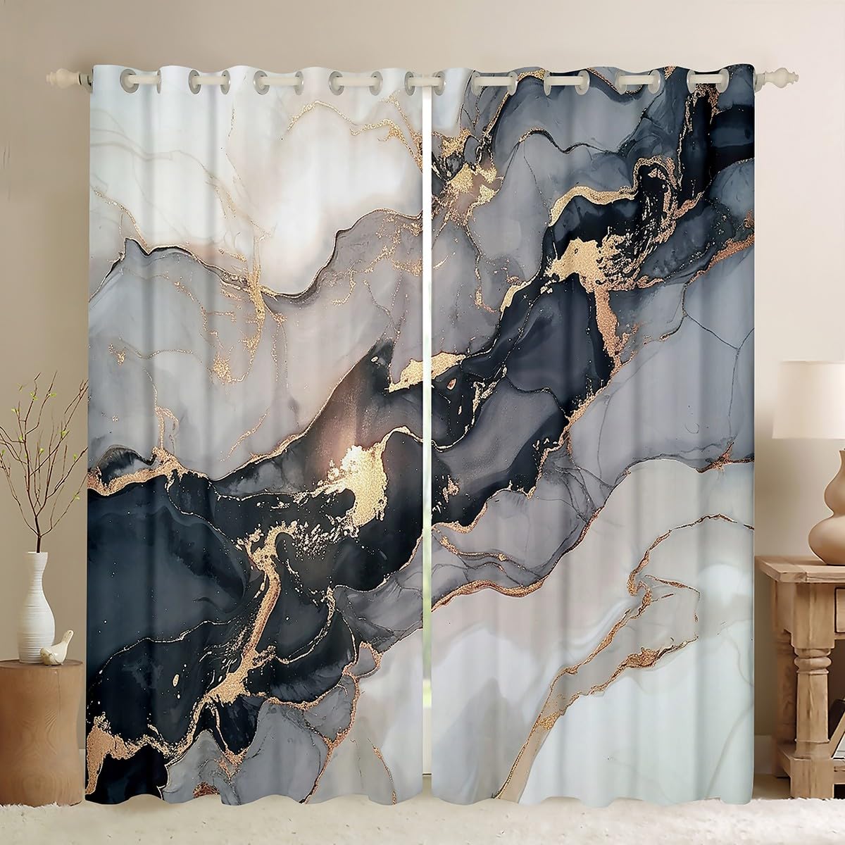 Black Marble Curtain,Black and Grey Marble Window Drapes Blackout Men Teens Boys Modern Gray Orange Abstract Art Tie Dye Window Treatments Young Man