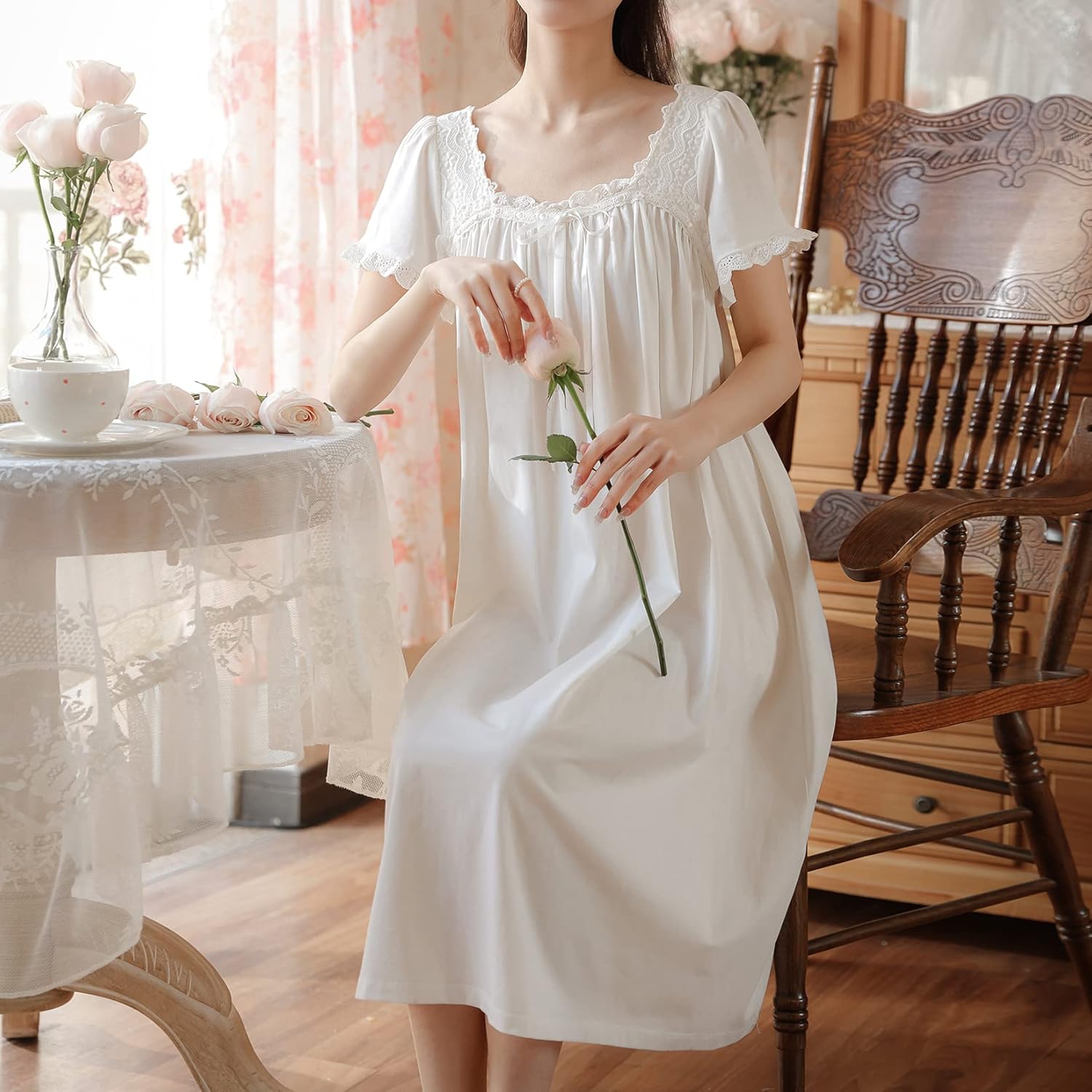Women's Cotton Victorian Nightgown Soft Long Sleep Dress Short Sleeve Princess Pajama Shirt Sleepwear - Image 5