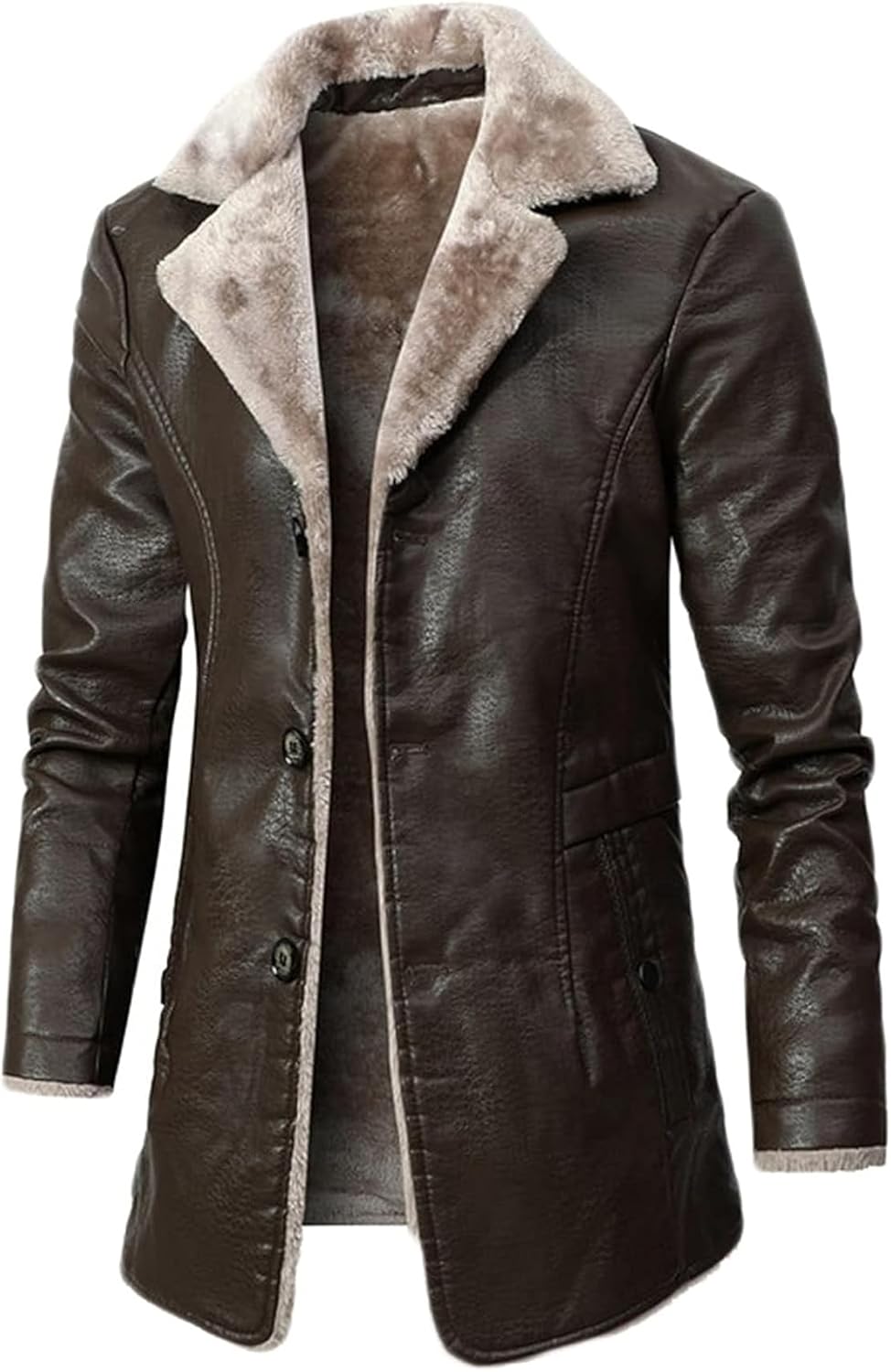 DJFOG Men's Winter with Faux Fur Jacket, Coat in Real Leather,Coat with Faux Fur and Fur Collar,Fleece Jacket Coat