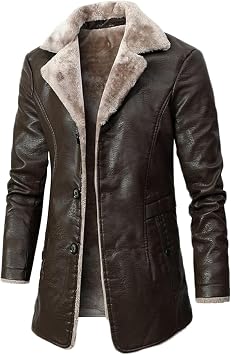 DJFOG Mens Winter with Faux Fur Jacket, Coat in Real Leather,Coat with Faux Fur and Fur Collar,Fleece Jacket Coat