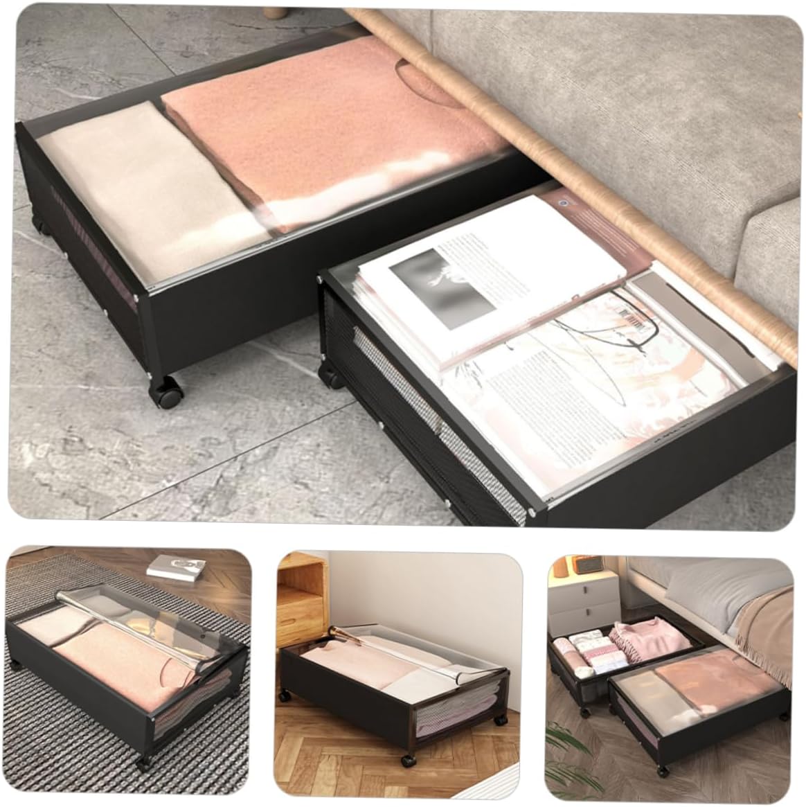 Bed Storage Basket Wheels Versatile Clothes and Toy Organizer Space-saving Storage Container for Bedroom Four Rolling Casters Lid