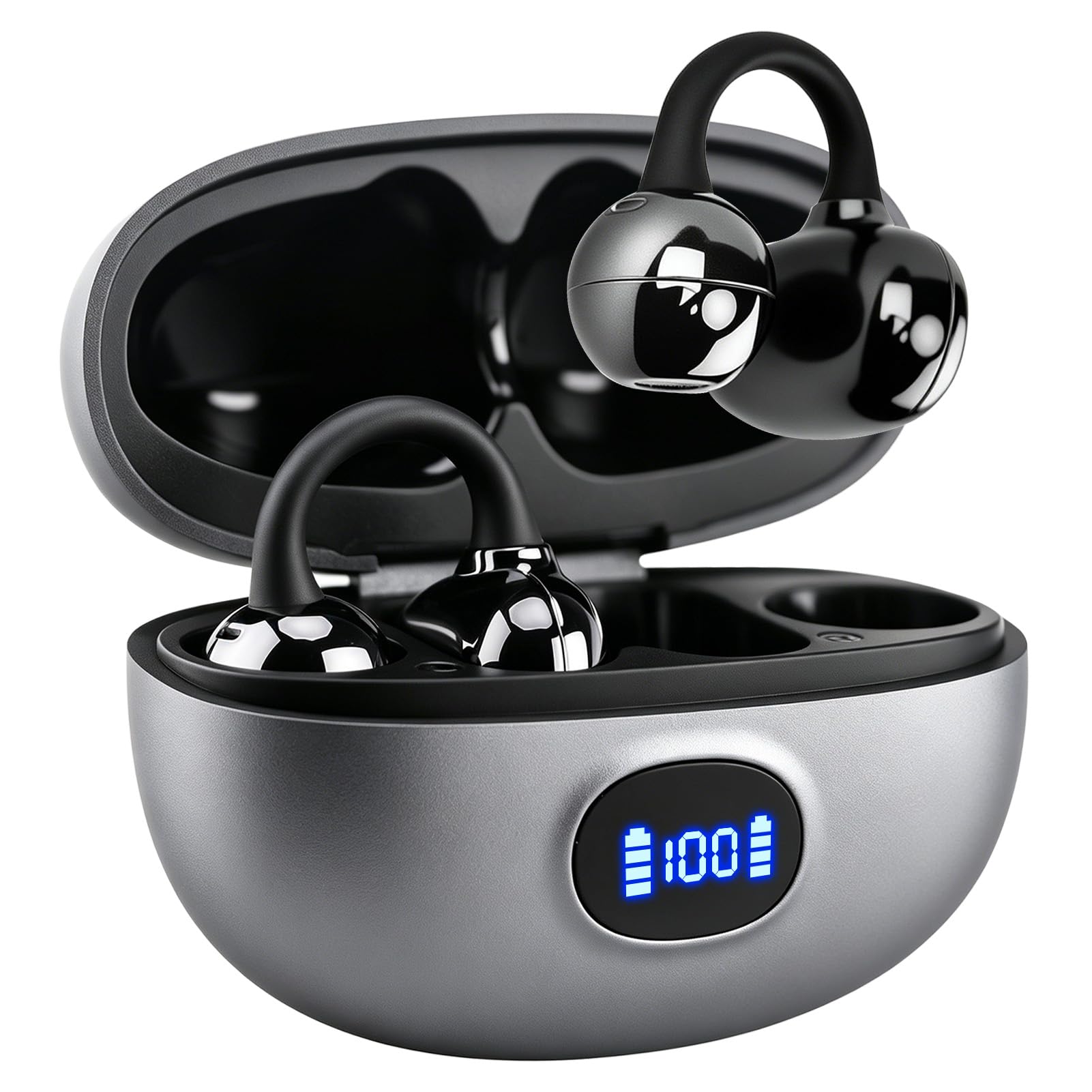 Auricolari Bluetooth senza fili,Open-Ear con clip, cancellazione del rumore, leggero con clip, impermeabile, display a LED, per sport, corsa, studio, viaggi (iOS e Android), qualità del suono di