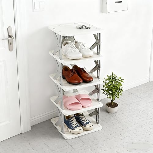 Miniatura 6 de Estante de plástico plegable para zapatos de 5 niveles, estante de almacenamiento estrecho para espacios pequeños, gris