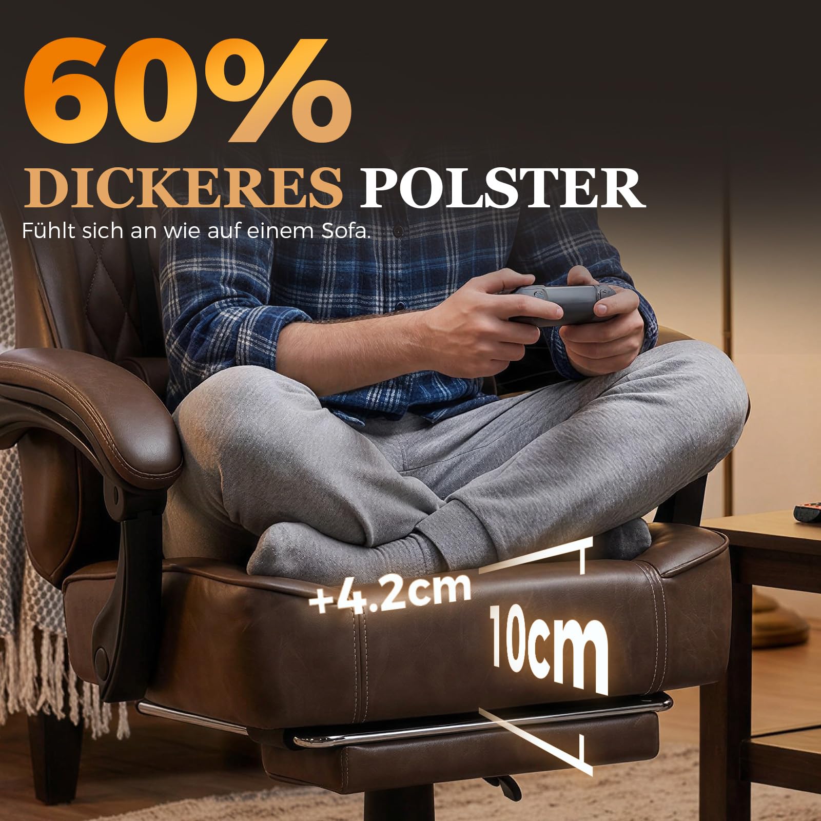 GTPLAYER Gaming Stuhl, Bürostuhl, Ergonomischer PC Stuhl, Höhenverstellbarer Drehstuhl,Armlehnen mit Synchronmechanik, Lendenkissen, Kopfkissen, bis 150 kg Belastbarkeit, Kunstleder, Retro-Braun