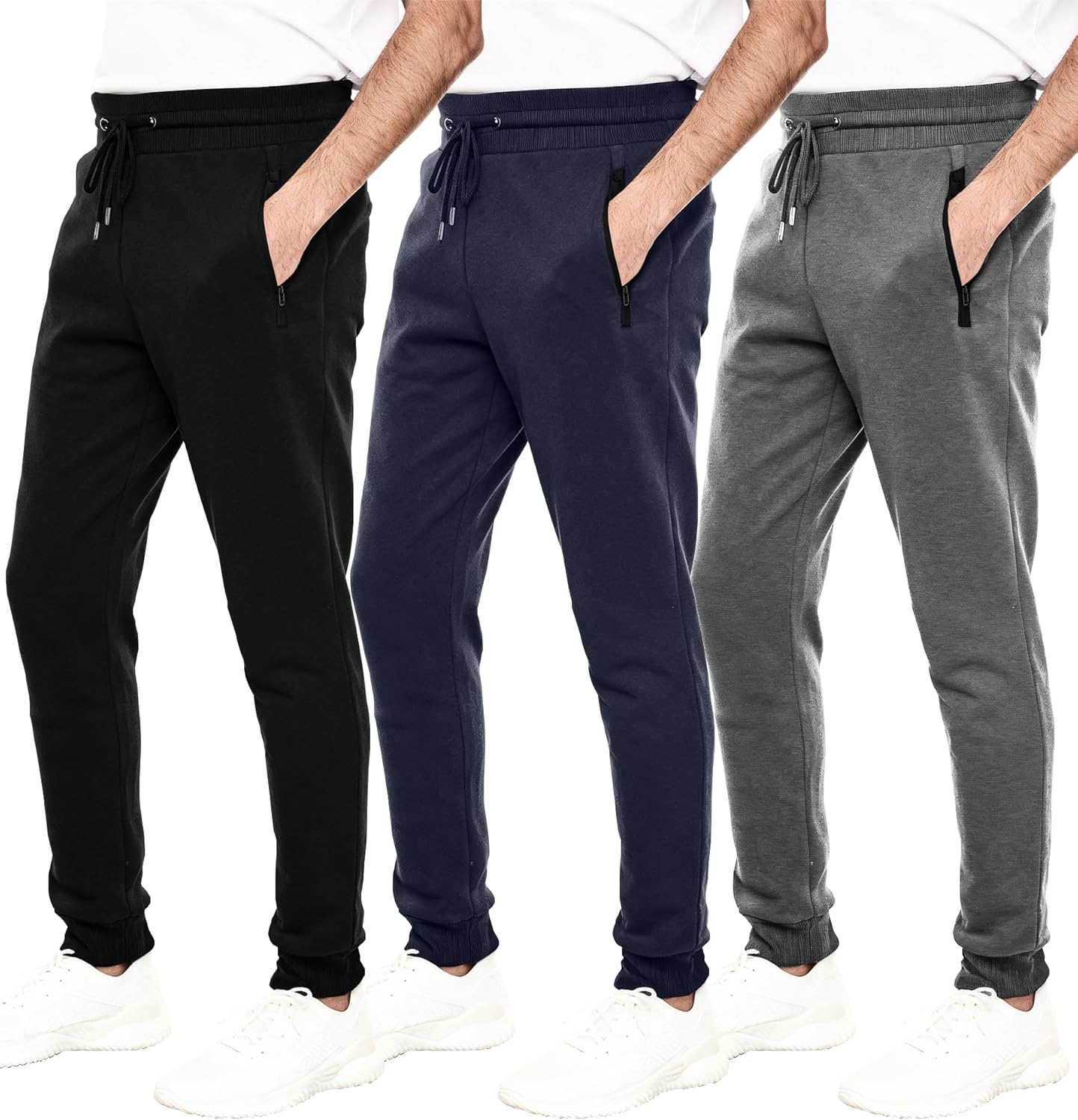 WHITE PEAK TRADING COMPANY Mens Joggers with Pockets, 3 Pack Fleece Casual Sweatpants for Men Athletic Pants with Drawstring