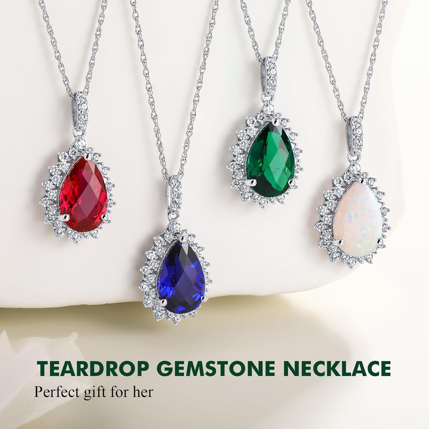 925 Sterling Silver Teardrop Necklace for Women Huge Created Gemstone Solitaire Halo Pendant Pear Cut Birthstone Necklace - Image 5