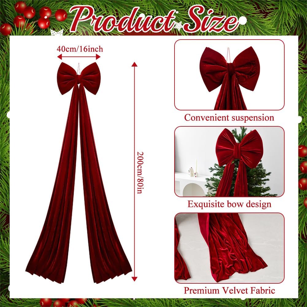 Extra Large Christmas Tree Bow Topper 80x16 Inch Giant Bowknot Decor Xmas Velvet Bow with Long Streamers Huge Oversized Wrapping Gift Decor for Window Mantle Wreaths Door Porch Wedding Valentines Xmas