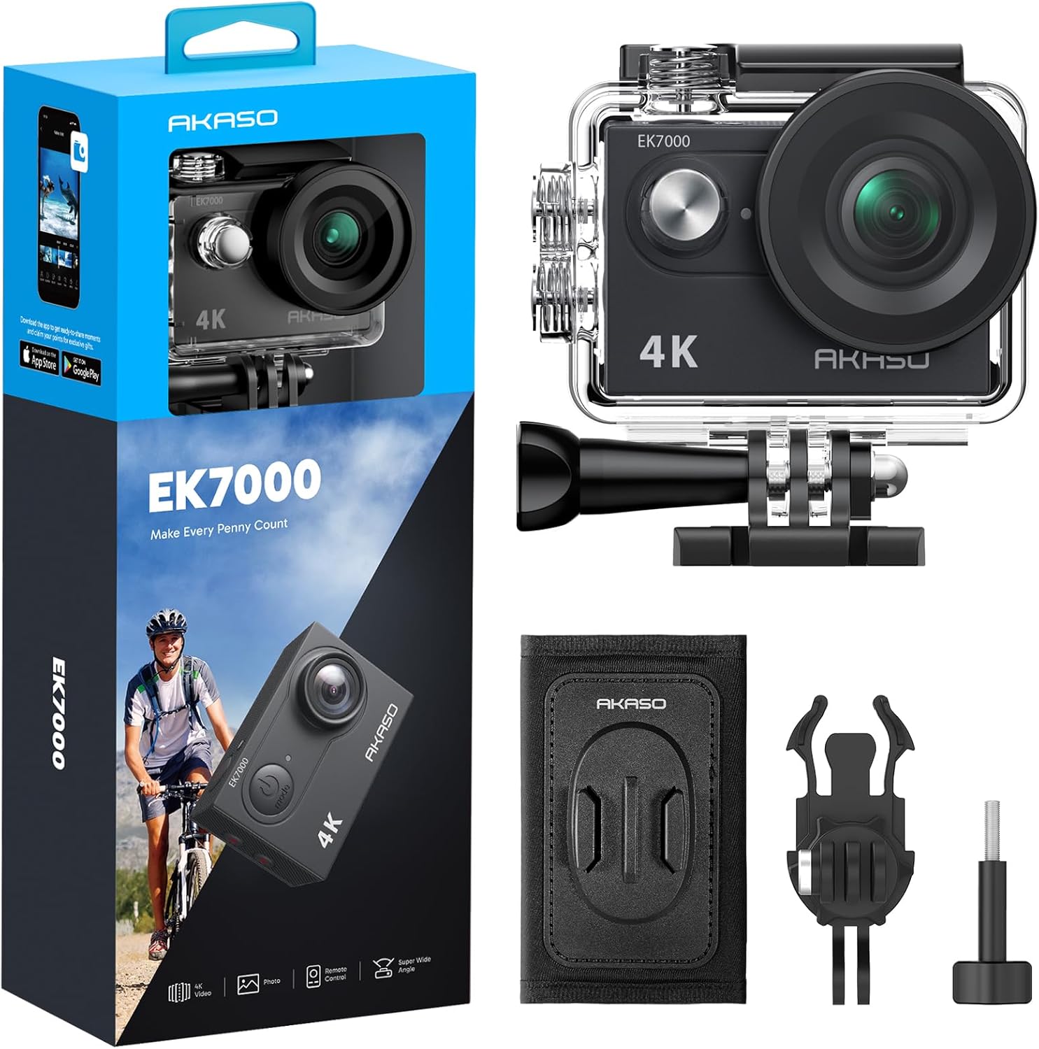 AKASO EK7000 Action Camera and Quick Release Backpack Shoulder Strap Mount Accessories Kit Bundle