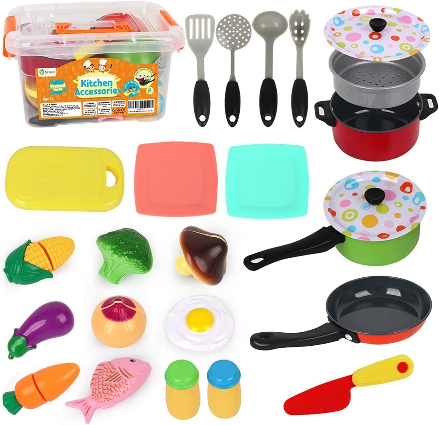 D-FantiX Kids Play Kitchen Accessories Set, 24 Pcs Toddlers Tin Pots and Pans Playset Pretend Cooking Toys, Cookware Utensils Cutting Vegetables for Boys Girls Age 3 4 5 6 7 Years Old Children