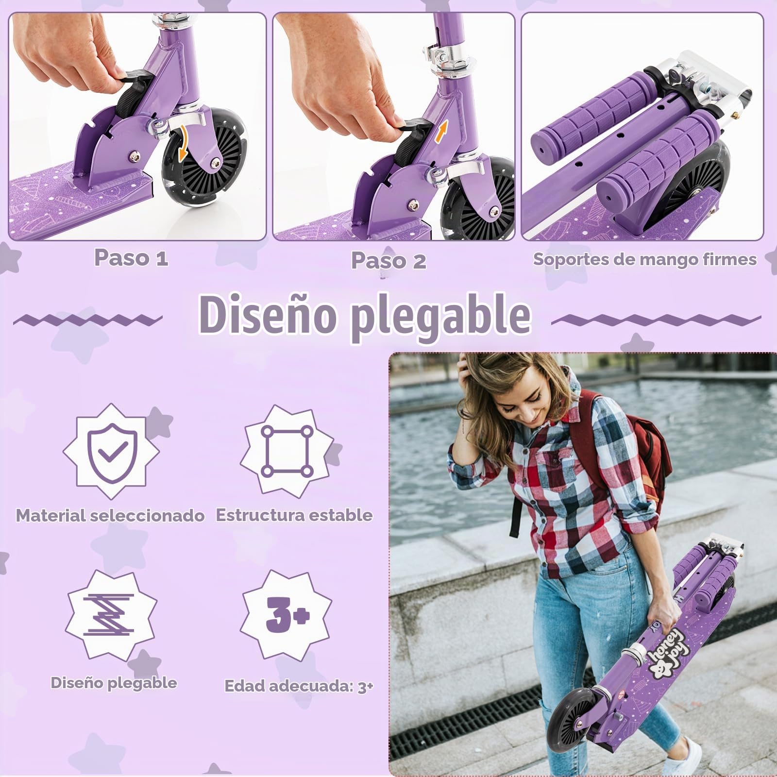 KOMFOTTEU Patinete para Niños, Patinete Infantil con 2 Ruedas LED y Freno, Monopatín Plegable con 3 Alturas Ajustables, Scooter de Aluminio con Carga 50 kg, para Niños