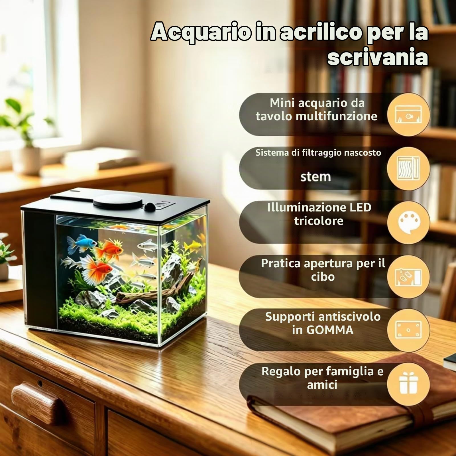Set completo per acquario con filtro laterale e pompa 20x15x15cm, design a circolazione automatica con illuminazione a tre colori, adatto per pesci ornamentali, gamberetti e piante, per scrivania