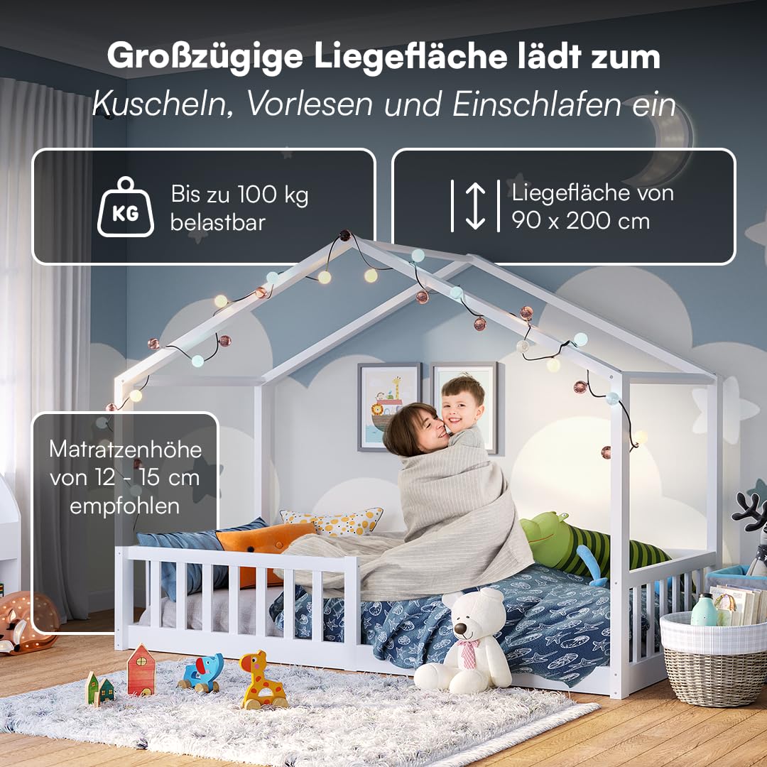 Bellabino Bia Kinderbett 90x200 cm – Bodenbett mit Rausfallschutz & Lattenrost – Hausbett aus Massivholz Kiefer – Montessori Kinder Bett in Weiß für Jungen und Mädchen