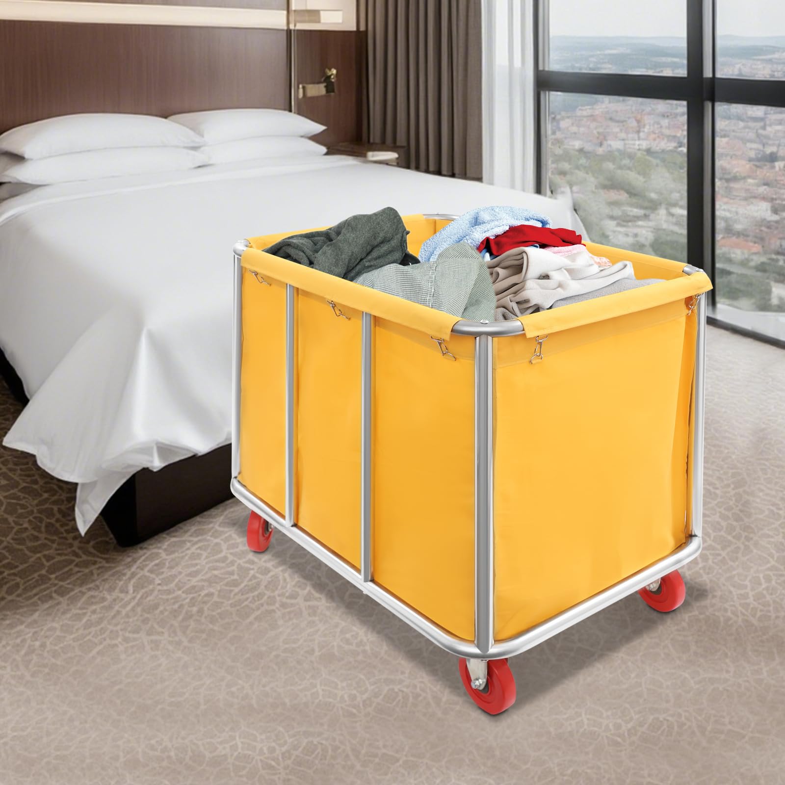 Carrello per la biancheria, grande, in acciaio inox, con borsa Oxford, 4 ruote scorrevoli, bordi lisci, alta capacità di carico 117 kg, per alberghi, ospedali, case di cura
