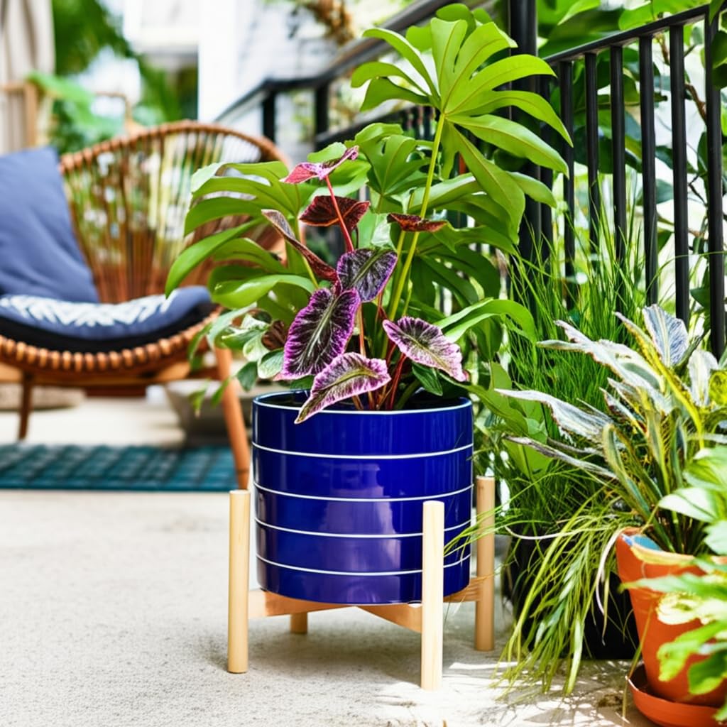 Sagebrook Home Stoneware Ceramic Planter with Wooden Stand - Modern Flower Pot for Indoor & Outdoor Plants - Durable Garden Decor for Home - 9