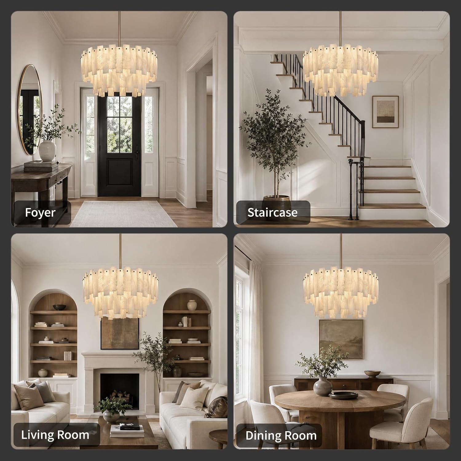 Alabaster Chandelier, 24" Spanish Alabaster Round Chandeliers 2-Tier,Modern Adjustable Gold Marble Pendant Chandeliers for Dining Room, Living Room, Bedroom,Foyer,Bathroom, Included E12 Bulb