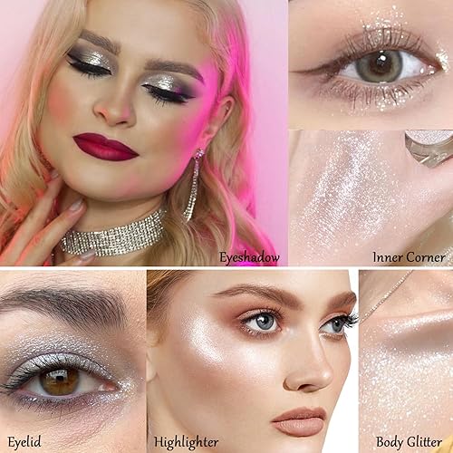 Miniatura 3 de Afflano Sombra de ojos con purpurina blanca brillante, sombra de ojos blanca altamente pigmentada, maquillaje de ojos brillantes, maquillaje