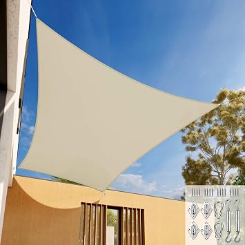 E&K Sunrise 5 x 5 Waterproof Sun Shade Sail Outdoor Rectangle Canopy Shade Cover UV Block with Hardware Kit for Pergola Patio Backyard Garden Deck Beige