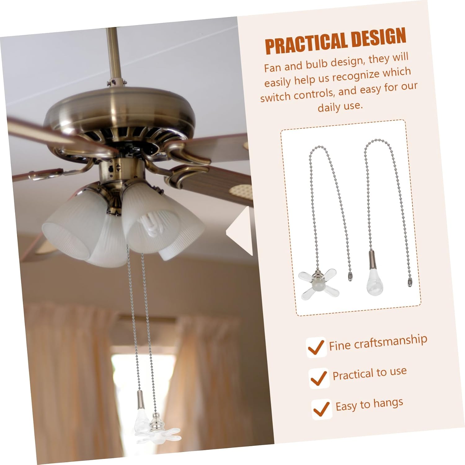 2pcs Elegant Glass Ceiling Fan Pull Chain Extension Decorative Beaded Ball Pendant for Ceiling Fans Replacement for Home Lighting Decor