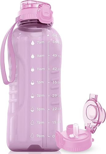 AQUAFIT Botellas de agua de 64 onzas  Botella de agua con marcador de tiempo de 64 onzas  Botella de agua de medio galón con pajilla, botella de