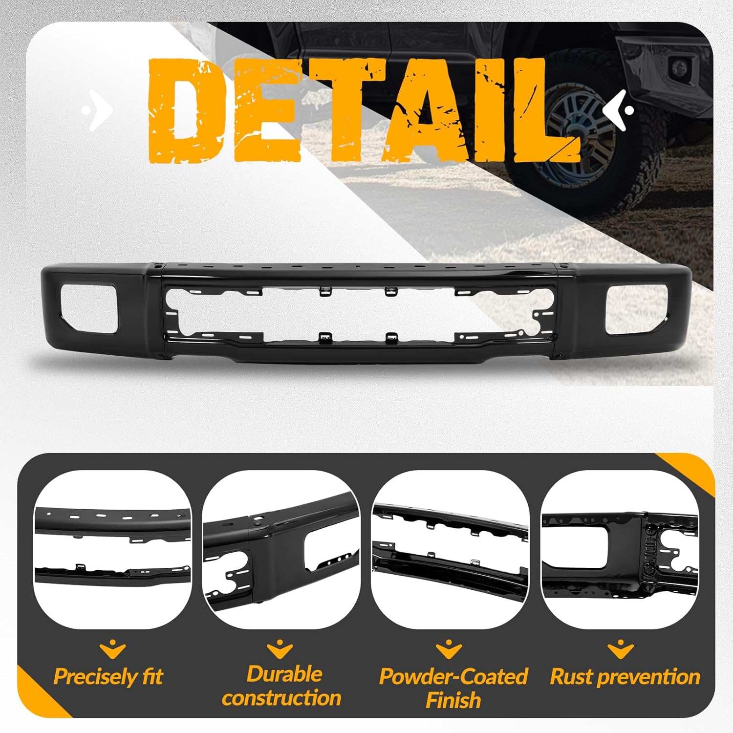 KUAFU Front Bumper Face Bar Compatible with 2015-2017 Ford F-150 Replacement for FO1002424 FL3Z17757FPTM W/Fog Light Holes Steel Powder Coated Black（3-Piece Design）