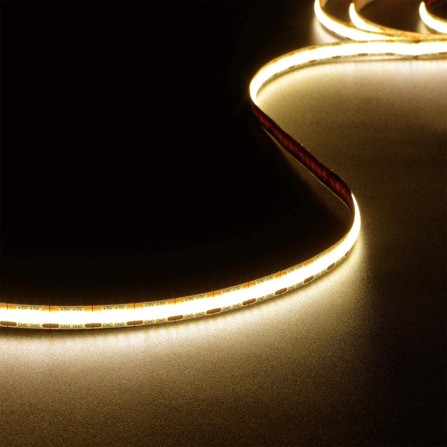 dephen 5V USB LED Light Strip 4.9ft, 480LEDs Warm White Dotless COB String, Flexible and Cuttable Rope Lighting, CRI 90, Self Adhesive Tape for TV Backlight, Cabinet, Bedroom, Mirror, DIY