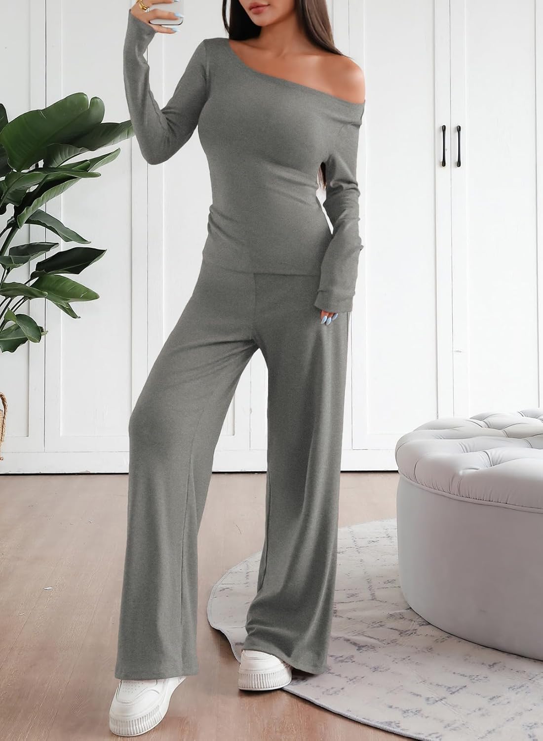 Pink Queen Sweatsuits Women 2 Piece Outfit Asymmetrical Long Sleeve Top Wide Leg Pants Casual Matching Sweat Sets - Image 5