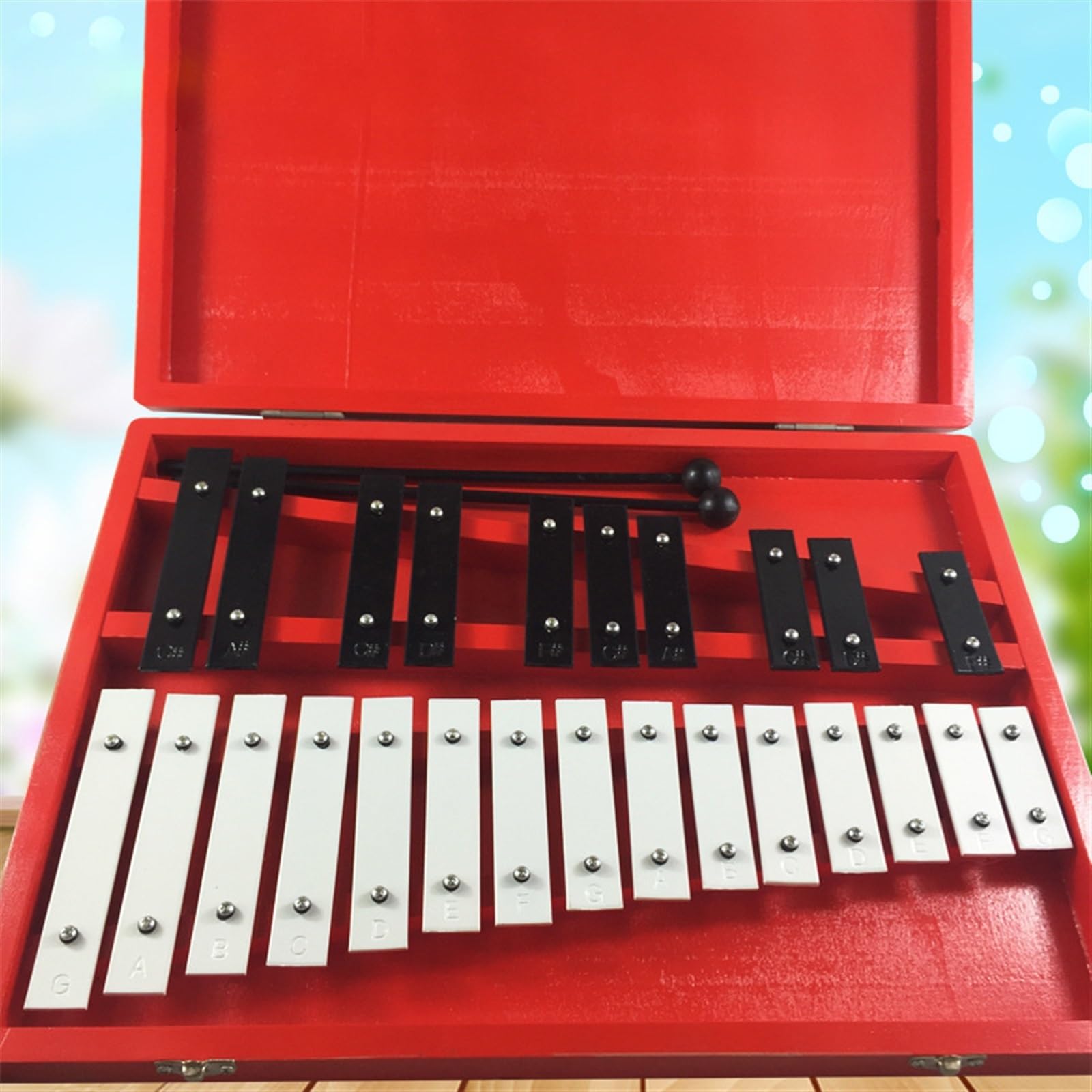 Strumento a percussione xilofono glockenspiel con piastra in alluminio a 25 toni in scatola di legno rossa Glockenspiel Strumento A Percussione