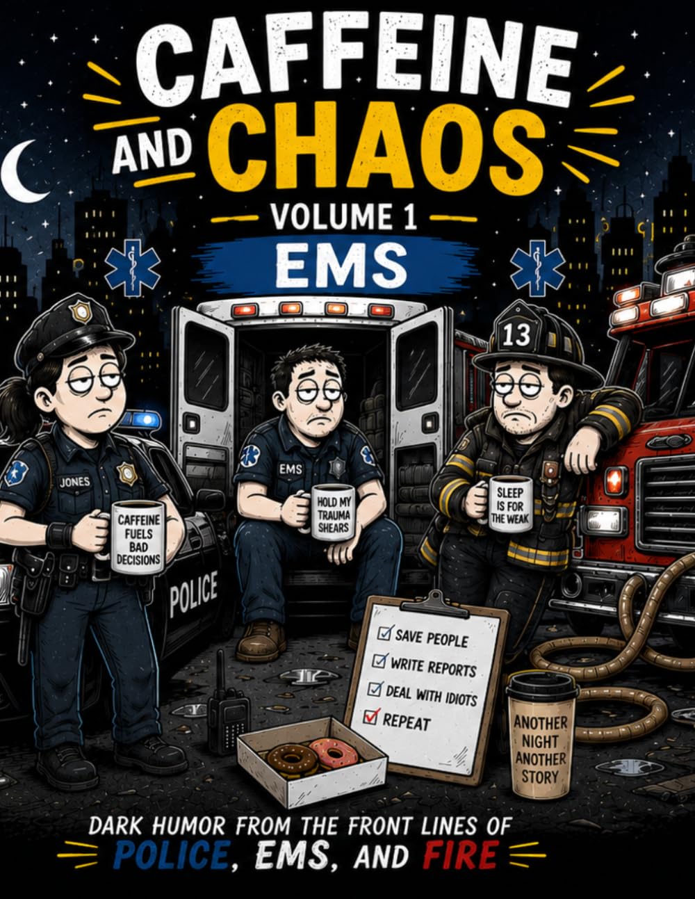 Caffeine & Chaos: A Coloring Book for First Responders: Dark Humor From the Front Lines of Police, EMS, and Fire. | Stress Relief Coloring Pages for Adults