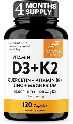Miniatura 16 de Sandhu's Vitamina D3 K2 Magnesio 5000 UI, cápsulas de 120 mcg de K2, 60 unidades (Paquete de 1) | con VIT B6, Zinc y Quercetina | D3K2 apoya una