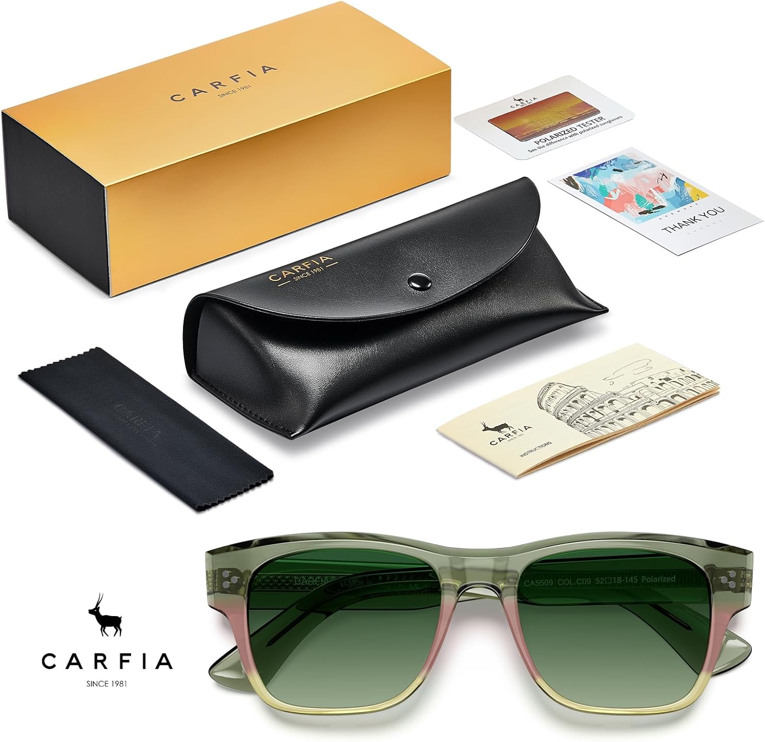 CARFIA Polarized Sunglasses for Men UV400 Protection Premium UV400, Retro Thick Acetate Frames Sun Glasses
