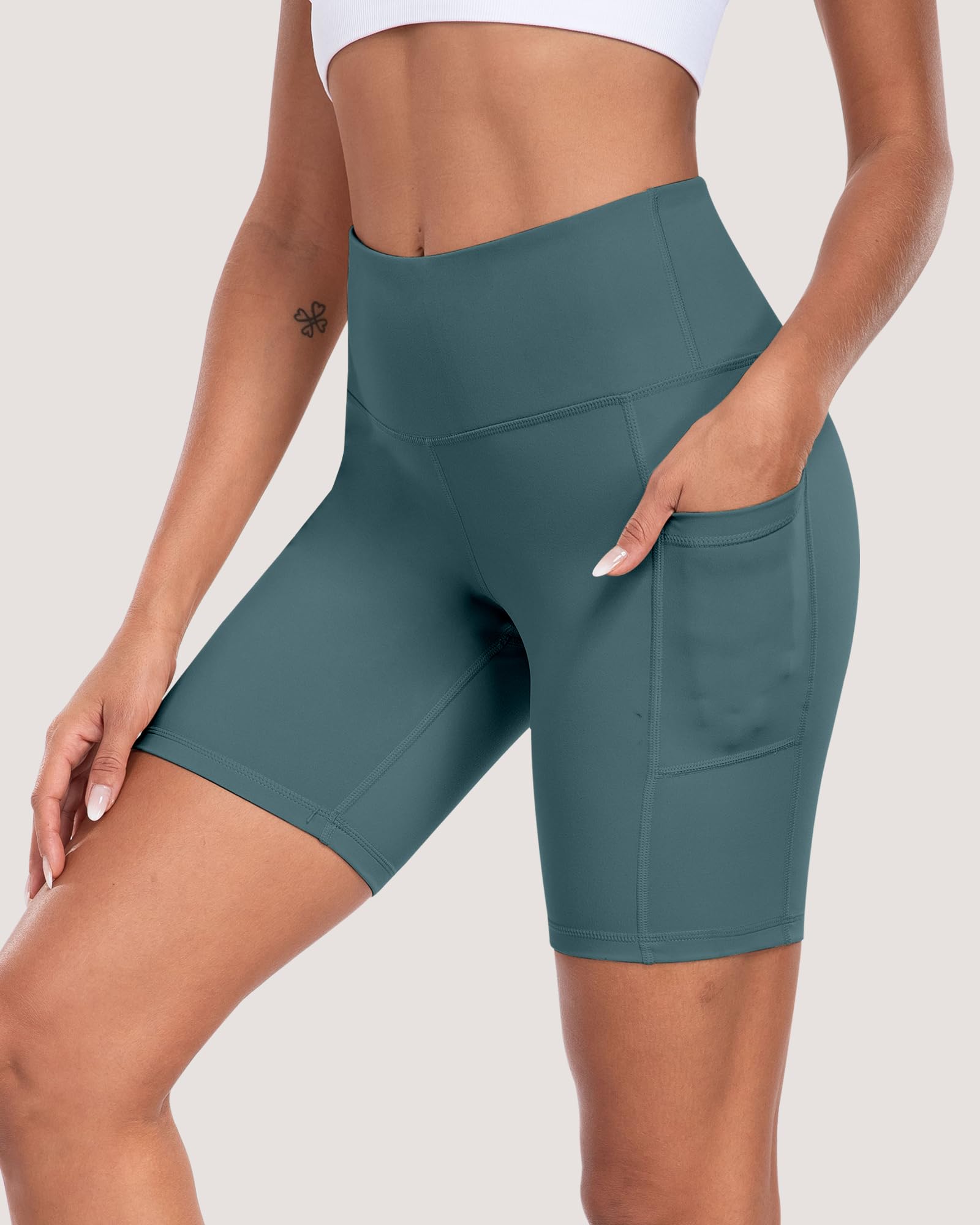 Pantalones cortos de ciclista para mujer con bolsillos, cintura alta de 8 pulgadas, control de abdomen, suaves, atléticos, entrenamiento, gimnasio, yoga — view 16
