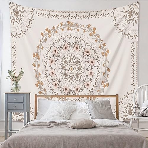 Vista 4 de Tapiz bohemio blanco para colgar en la pared, tapiz hippie de mandala marrón claro, medallón floral con diseño de corona estético, manta decorativa