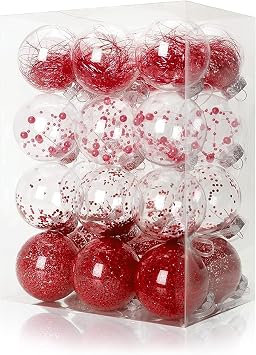 24 PCS Shatterproof Christmas Ornaments - 2.36"/60mm Red & Clear Tree Balls with Stuffed Accents, 2025 Adornos Navidenos for Xmas