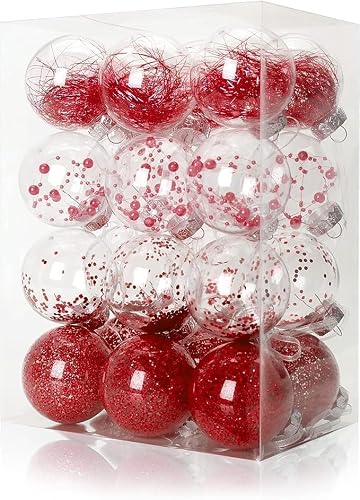 24 PCS Shatterproof Christmas Ornaments - 2.36"/60mm Red & Clear Tree Balls with Stuffed Accents, 2025 Adornos Navideños for Xmas