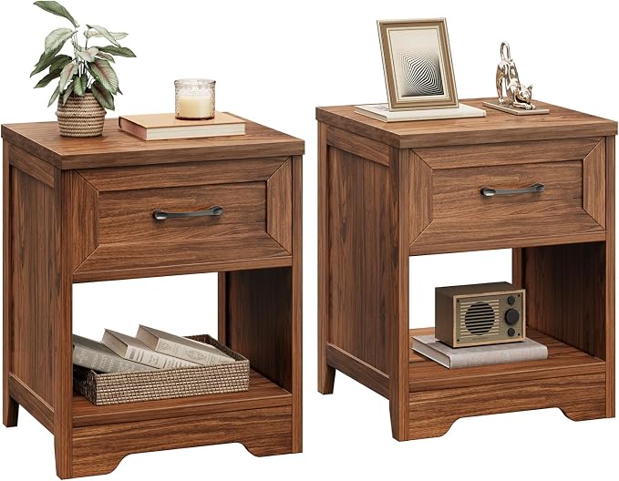 AODK Farmhouse Nightstand Set of 2, Rustic End Tables with Drawer & Open Storage, Wood Bedside Tables for Bedroom, Living Room, Walnut