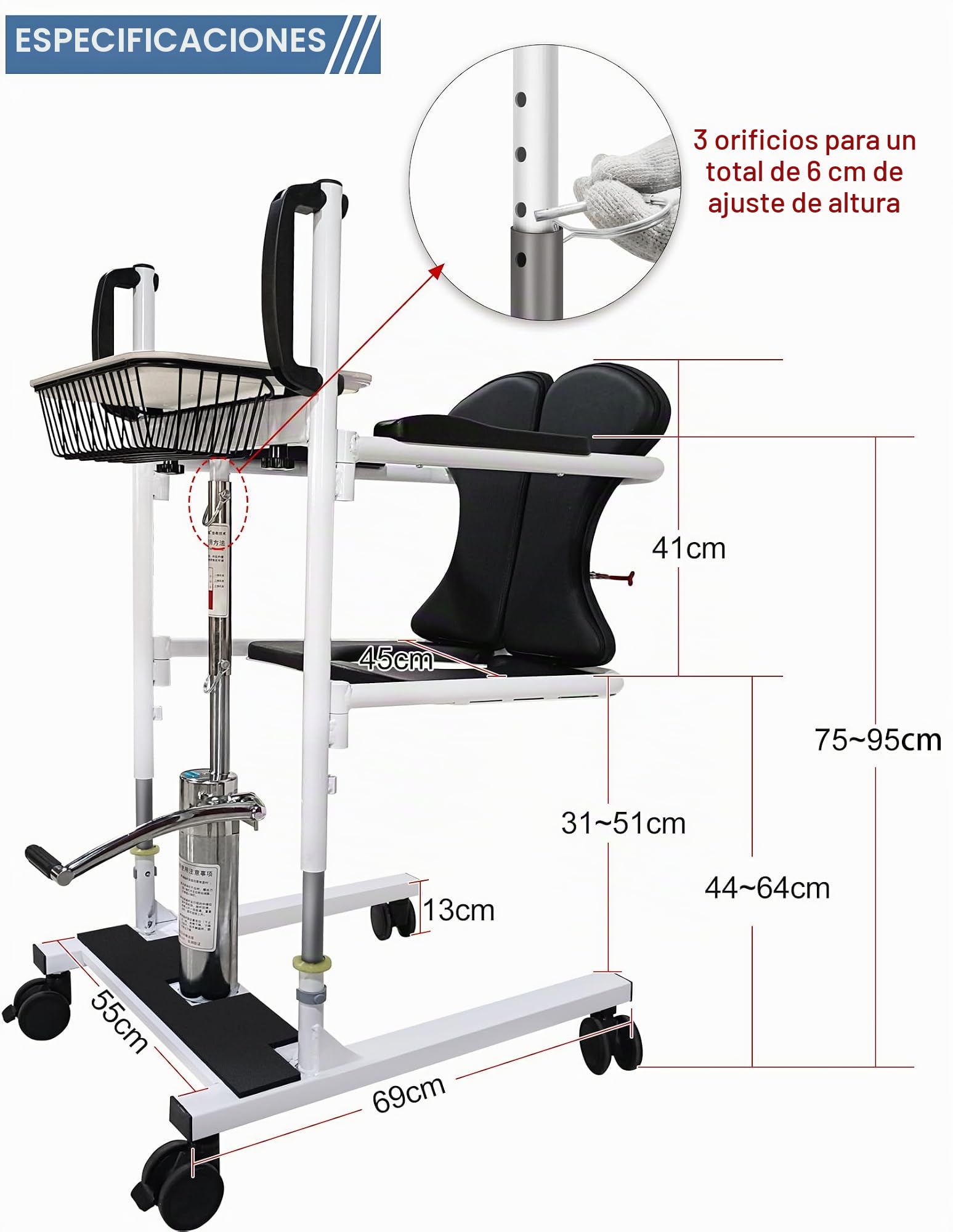 Silla de Ruedas Plegable de Transporte y Ayuda, Elevador Hidráulico de Pacientes, Silla de Traslado con Elevador para Pacientes, No para Pacientes con Parálisis Total